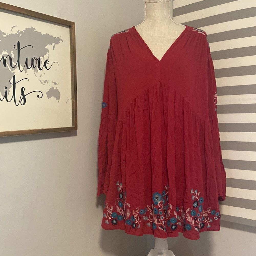 Free People Maroon Floral Embroidered Te Amo Flared Sleeve Mini Dress Sz Medium